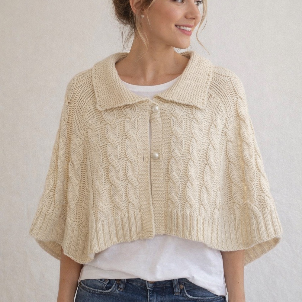 Cream Cable Knit Collared Cardigan Poncho